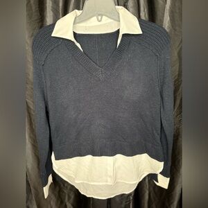 Layered Navy Blue Knit Sweater with White Faux Collar Hem — Size M